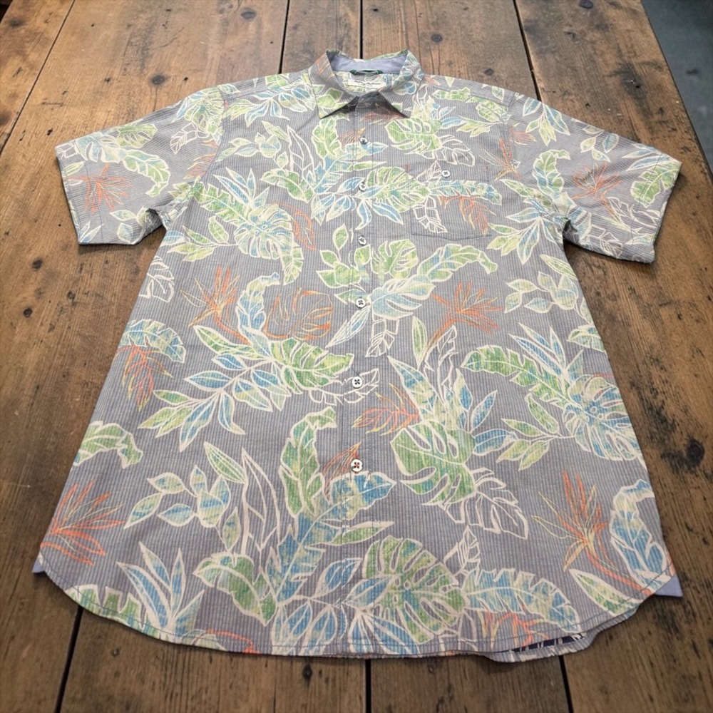 Tommy Bahama Mens Large Sea Glass Camp Shirt Grey Tropical Leaf Stretch Cotton